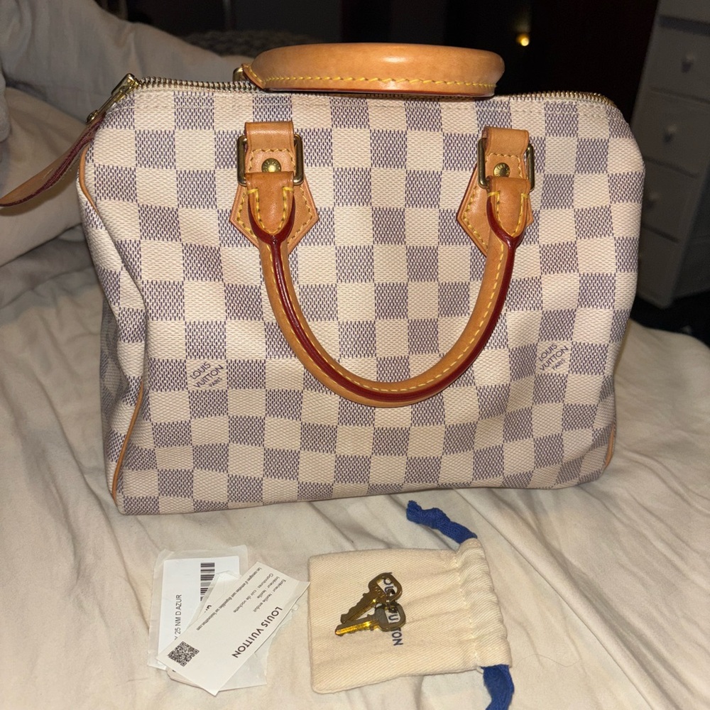 Louis Vuitton White and Tan Checkered Satchel